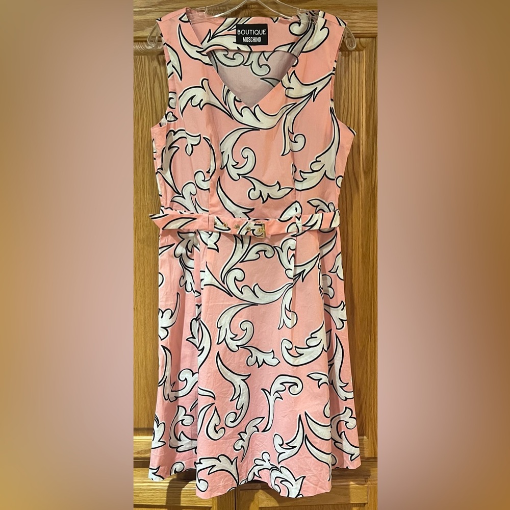 Boutique Moschino Pink & White Printed Cotton Poplin Belted A-Line Dress Size 12